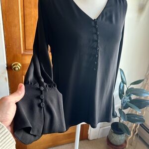 White House Black Market Black V-Neck Button Detail Bell Sleeve Blouse